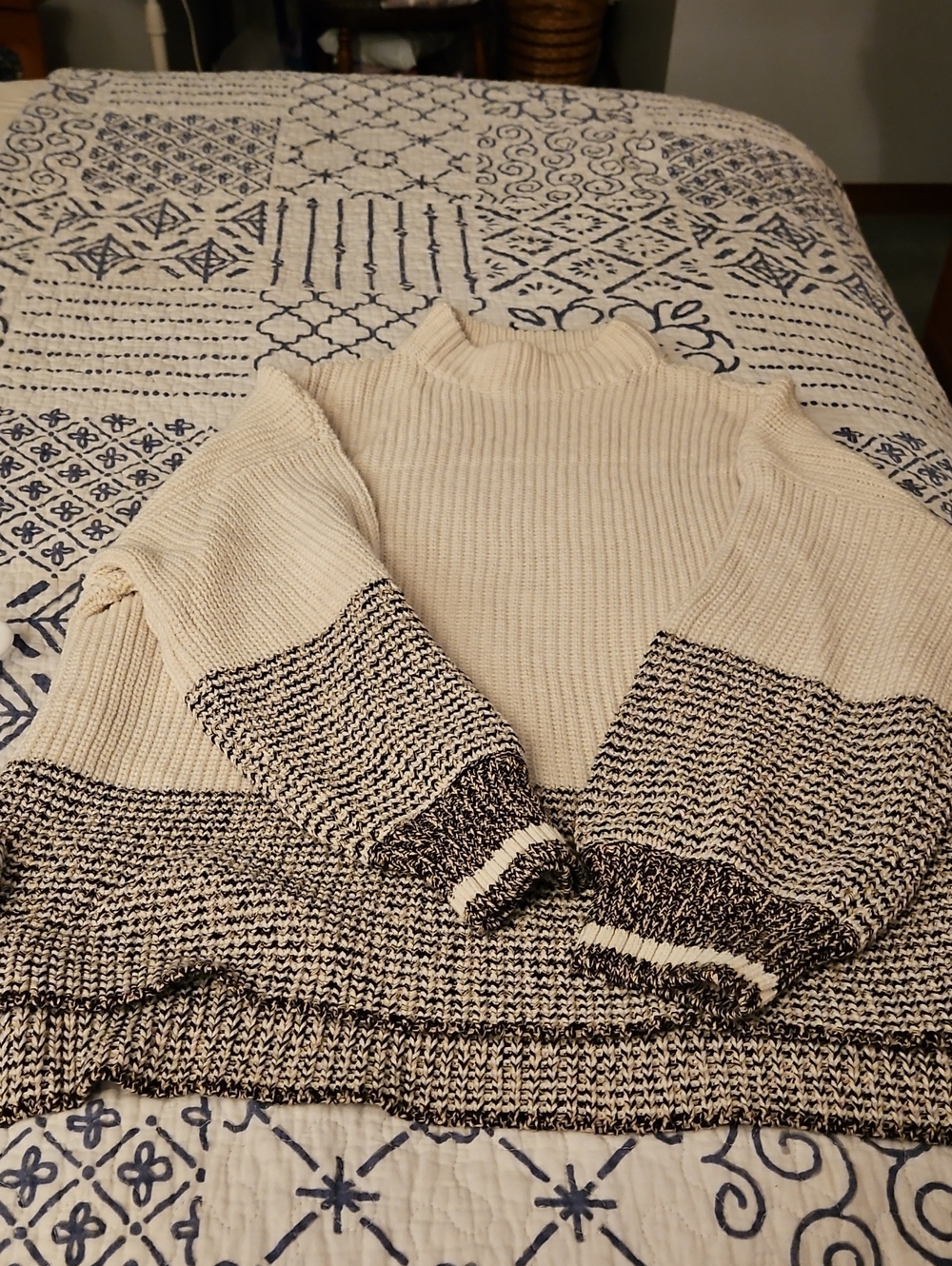 Roots Cream Turtleneck Sweater with Black-and-Cream Marled Hem